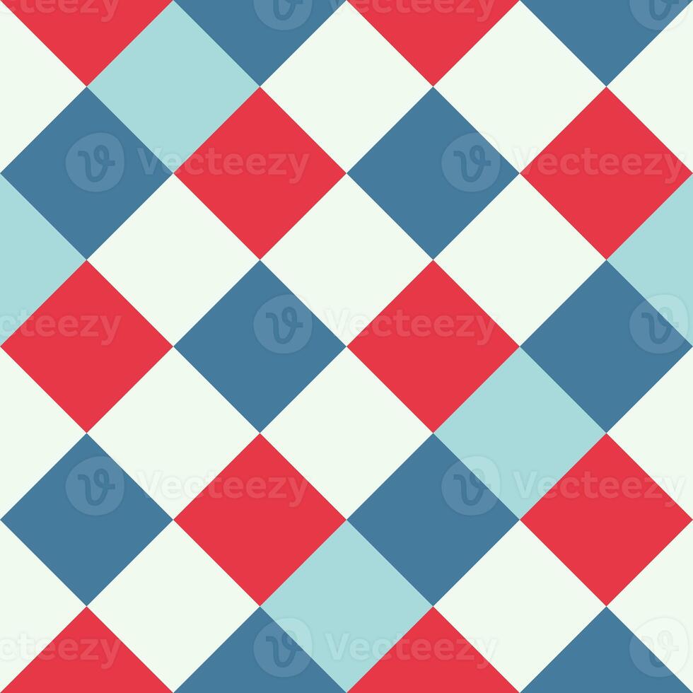 Red Blue White Large Diagonal Seamless French Checkered Pattern. Inclined Big Colorful Fabric Check Pattern Background. 45 degrees Classic Checker Pattern Design Texture. photo