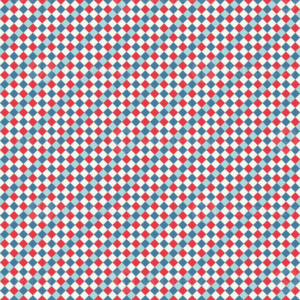 Red Blue White Seamless Small Diagonal French Checkered Pattern. Little Inclined Colorful Fabric Check Pattern Background. 45 degrees Classic Checker Pattern Design Texture. photo