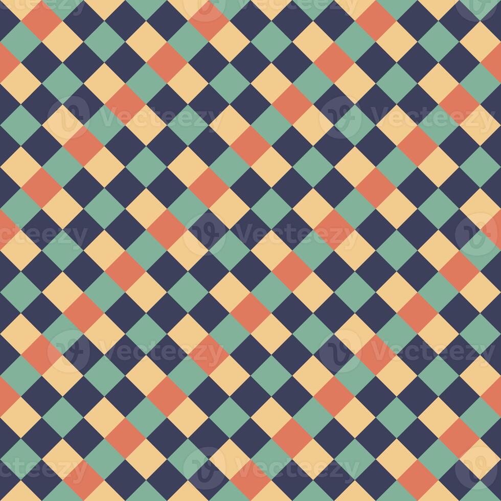 Yellow Orange Green Black Seamless Diagonal French Checkered Pattern. Inclined Colorful Fabric Check Pattern Background. 45 degrees Classic Checker Pattern Design Texture. photo