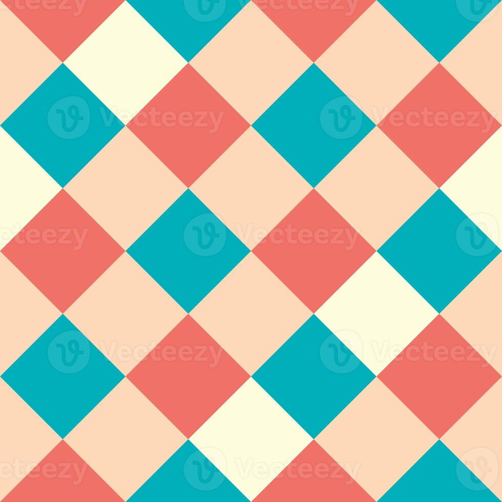 Red Beige Yellow Blue Large Diagonal Seamless French Checkered Pattern. Big Inclined Colorful Fabric Check Pattern Background. 45 degrees Classic Checker Pattern Design Texture. photo