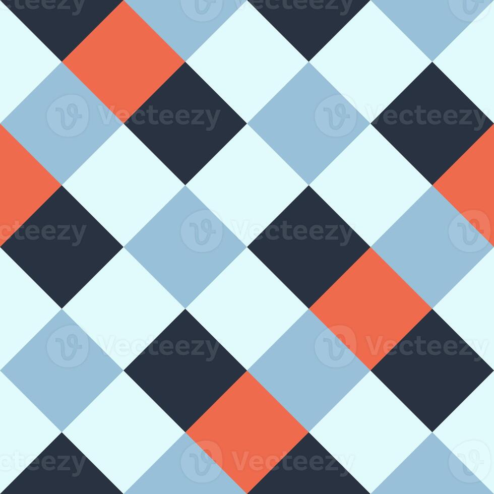 Black Orange Gray Blue Large Diagonal Seamless French Checkered Pattern. Inclined Big Colorful Fabric Check Pattern Background. 45 degrees Classic Checker Pattern Design Texture. photo