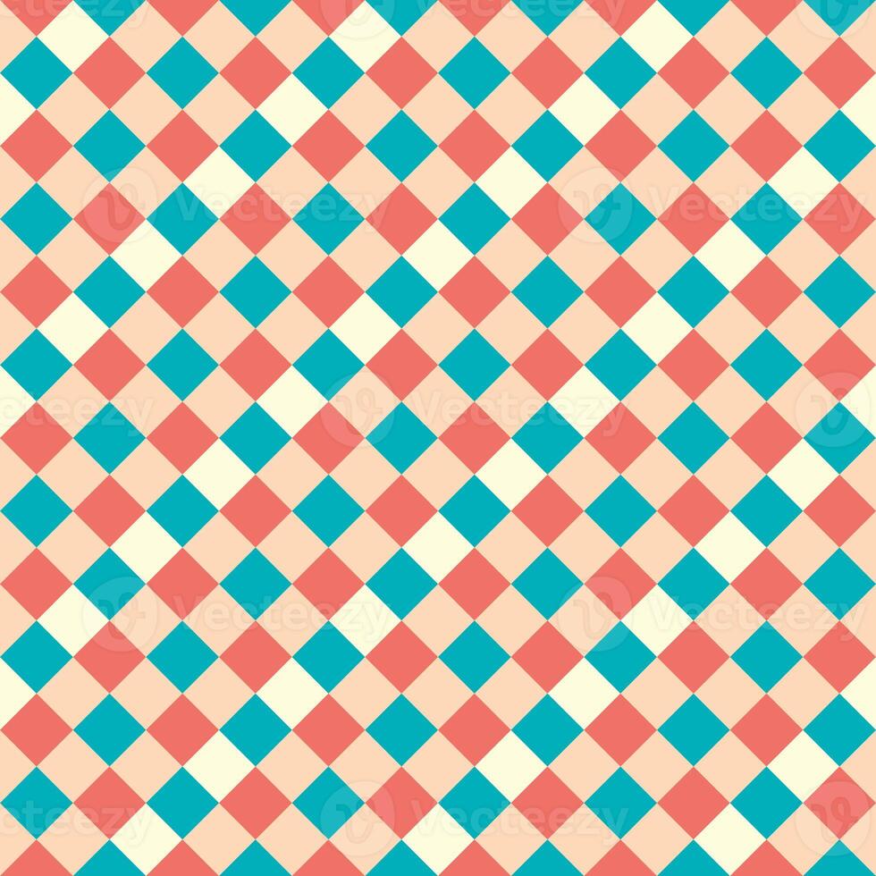 Red Beige Yellow Blue Seamless Diagonal French Checkered Pattern. Inclined Colorful Fabric Check Pattern Background. 45 degrees Classic Checker Pattern Design Texture. photo