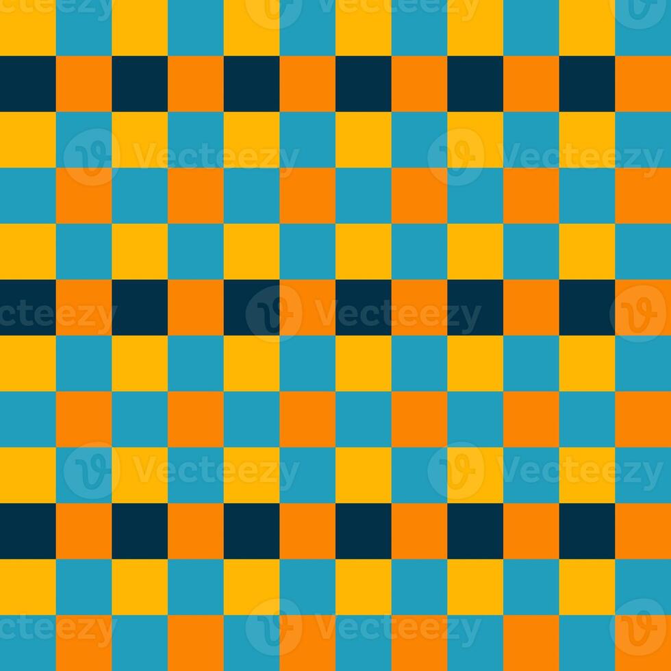 Yellow Orange Blue Black Seamless French Checkered Pattern. Colorful Fabric Check Pattern Background. Classic Checker Pattern Design Texture. photo