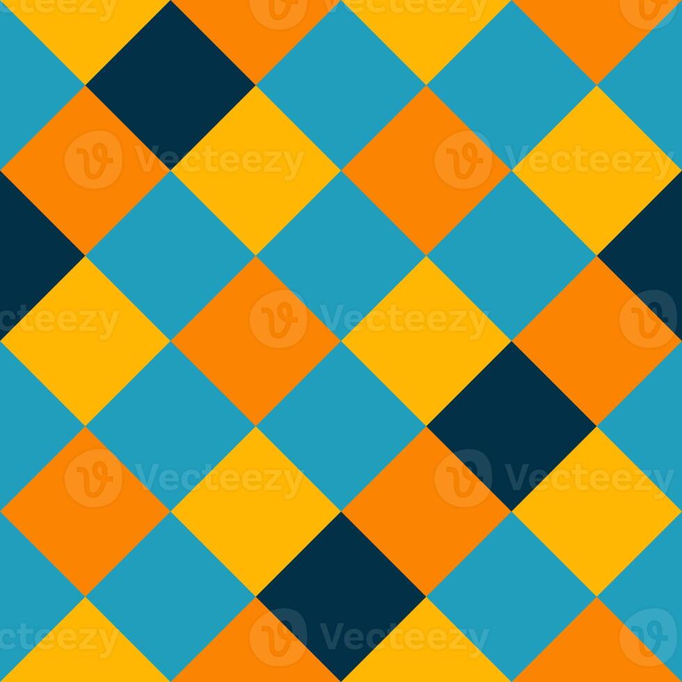 Yellow Orange Blue Black Large Diagonal Seamless French Checkered Pattern. Big Inclined Colorful Fabric Check Pattern Background. 45 degrees Classic Checker Pattern Design Texture. photo