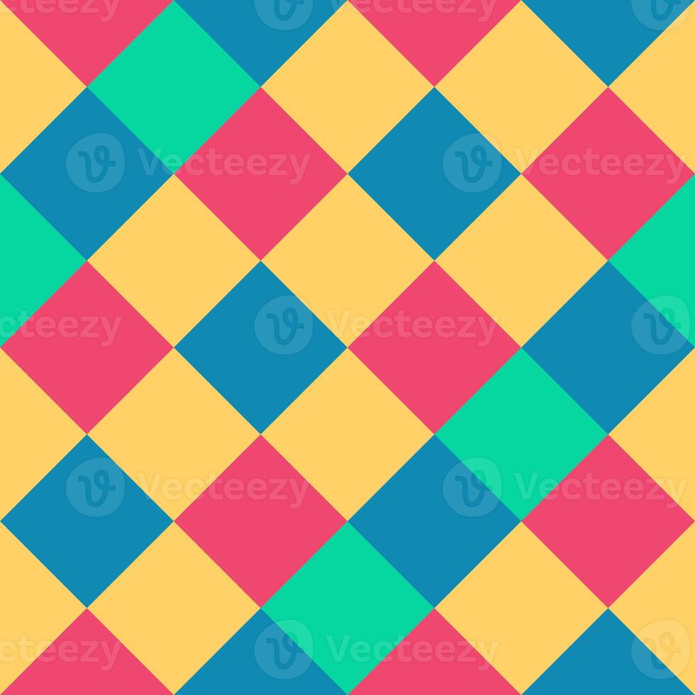 Pink Yellow Green Blue Large Diagonal Seamless French Checkered Pattern. Big Inclined Colorful Fabric Check Pattern Background. 45 degrees Classic Checker Pattern Design Texture. photo