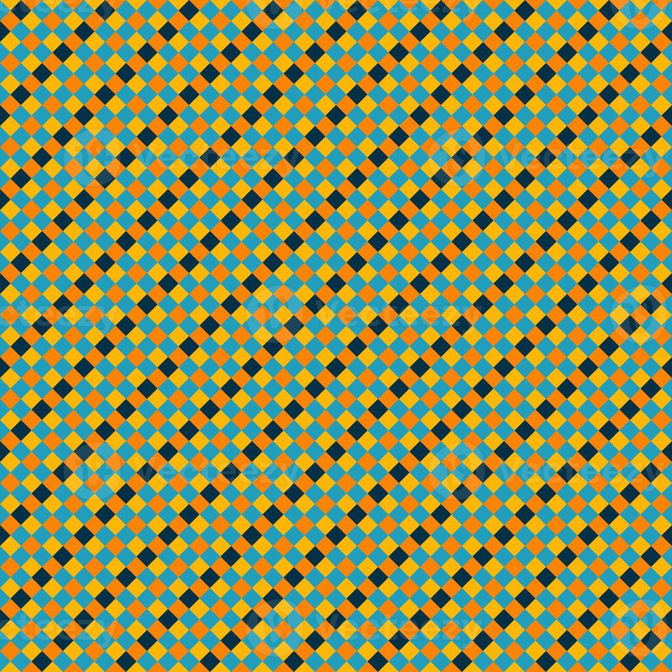 Yellow Orange Blue Black Seamless Small Diagonal French Checkered Pattern. Little Inclined Colorful Fabric Check Pattern Background. 45 degrees Classic Checker Pattern Design Texture. photo