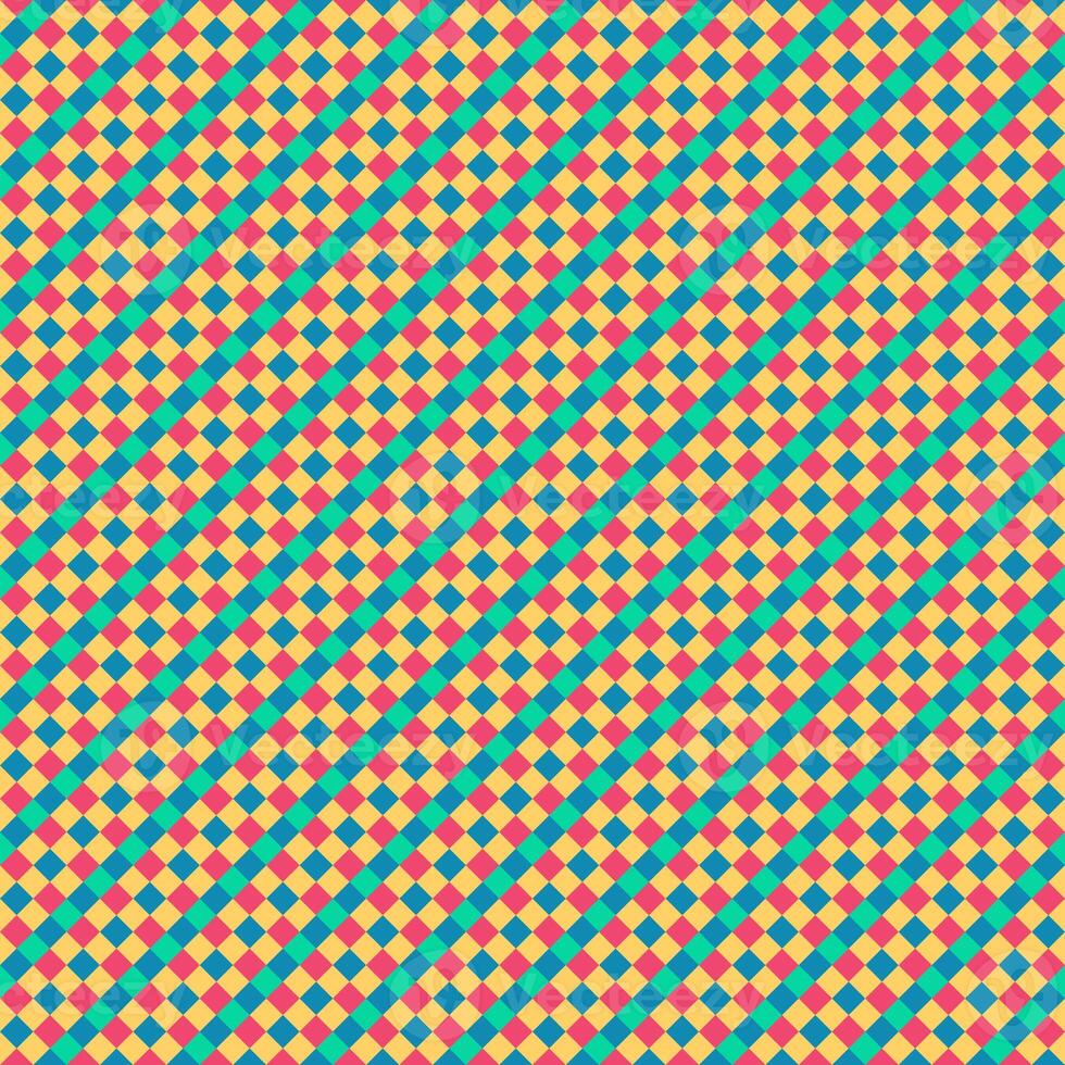 Pink Yellow Green Blue Seamless Small Diagonal French Checkered Pattern. Little Inclined Colorful Fabric Check Pattern Background. 45 degrees Classic Checker Pattern Design Texture. photo
