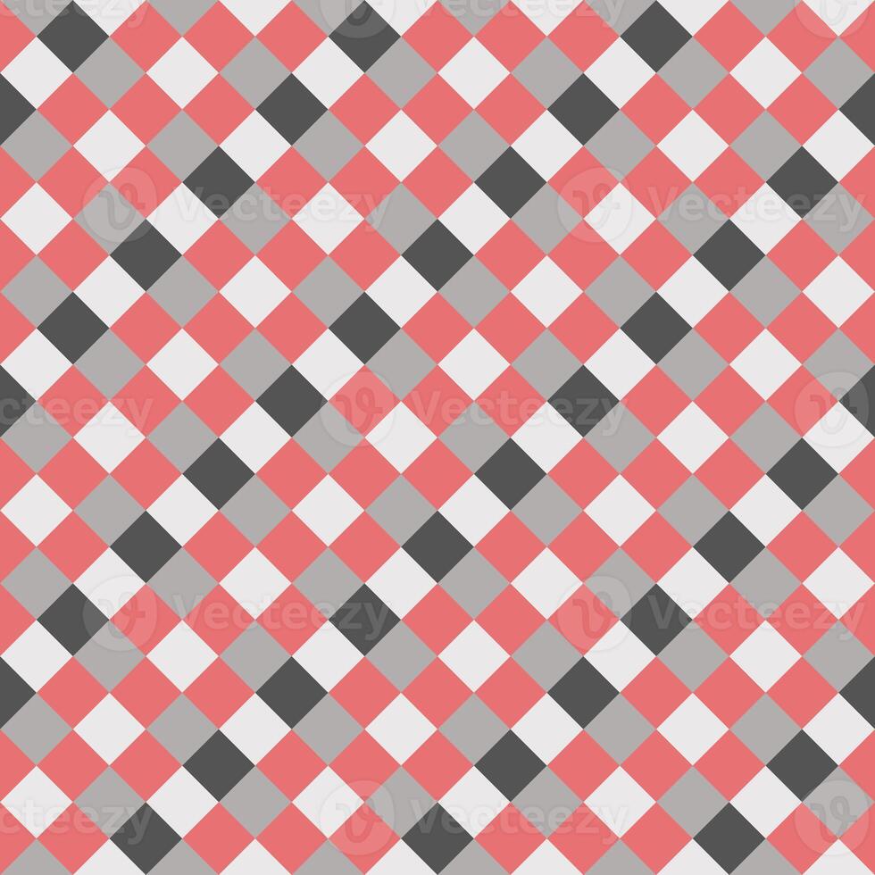 Red Gray White Seamless Diagonal French Checkered Pattern. Inclined Colorful Fabric Check Pattern Background. 45 degrees Classic Checker Pattern Design Texture. photo
