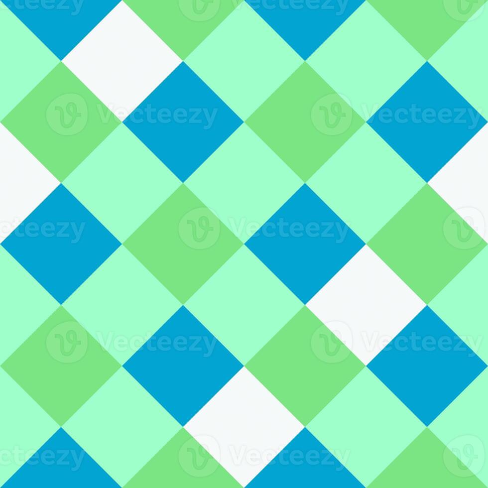 White Blue Green Lime Large Diagonal Seamless French Checkered Pattern. Big Inclined Colorful Fabric Check Pattern Background. 45 degrees Classic Checker Pattern Design Texture. photo