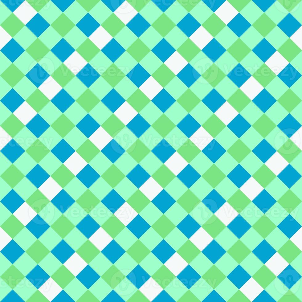 White Blue Green Lime Seamless Diagonal French Checkered Pattern. Inclined Colorful Fabric Check Pattern Background. 45 degrees Classic Checker Pattern Design Texture. photo