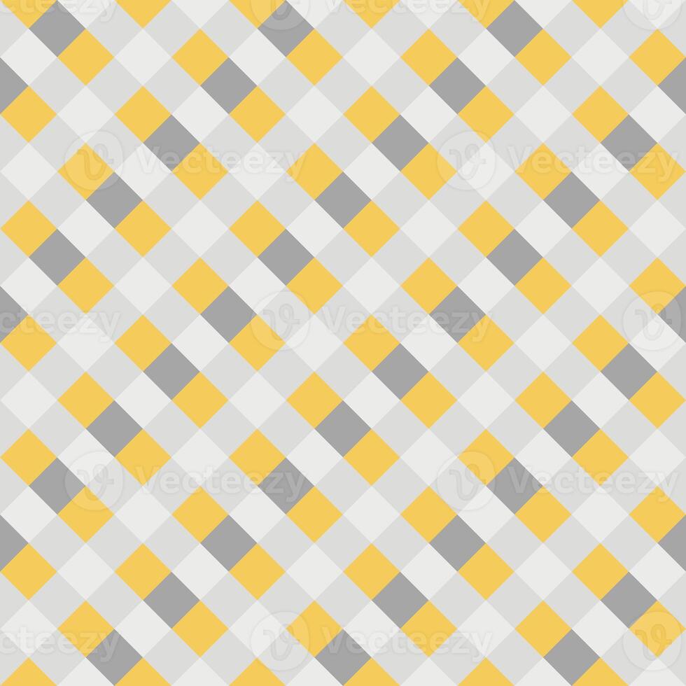 Yellow Gray White Seamless Diagonal French Checkered Pattern. Inclined Colorful Fabric Check Pattern Background. 45 degrees Classic Checker Pattern Design Texture. photo