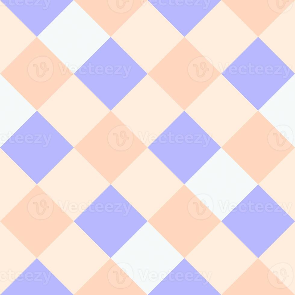 Lilac White Peach Large Diagonal Seamless French Checkered Pattern. Big Inclined Colorful Fabric Check Pattern Background. 45 degrees Classic Checker Pattern Design Texture. photo