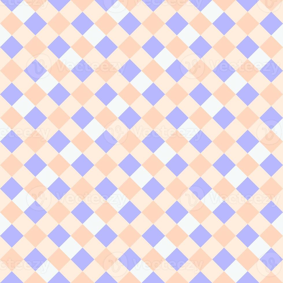 Lilac White Peach Seamless Diagonal French Checkered Pattern. Inclined Colorful Fabric Check Pattern Background. 45 degrees Classic Checker Pattern Design Texture. photo