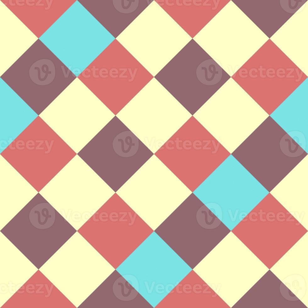Blue Yellow Burgundy Scarlet Large Diagonal Seamless French Checkered Pattern. Big Inclined Colorful Fabric Check Pattern Background. 45 degrees Classic Checker Pattern Design Texture. photo