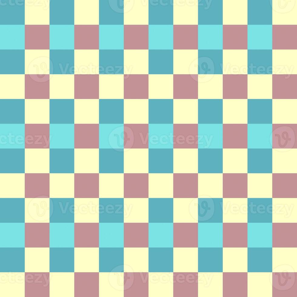 Blue Yellow Plum Teal Seamless French Checkered Pattern. Colorful Fabric Check Pattern Background. Classic Checker Pattern Design Texture. photo