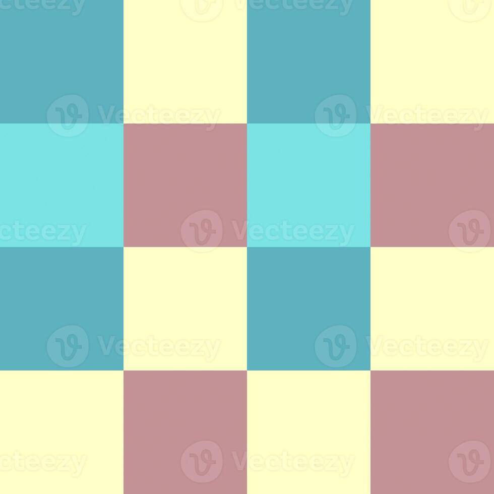 Blue Yellow Plum Teal Large Seamless French Checkered Pattern. Big Colorful Fabric Check Pattern Background. Classic Checker Pattern Design Texture. photo