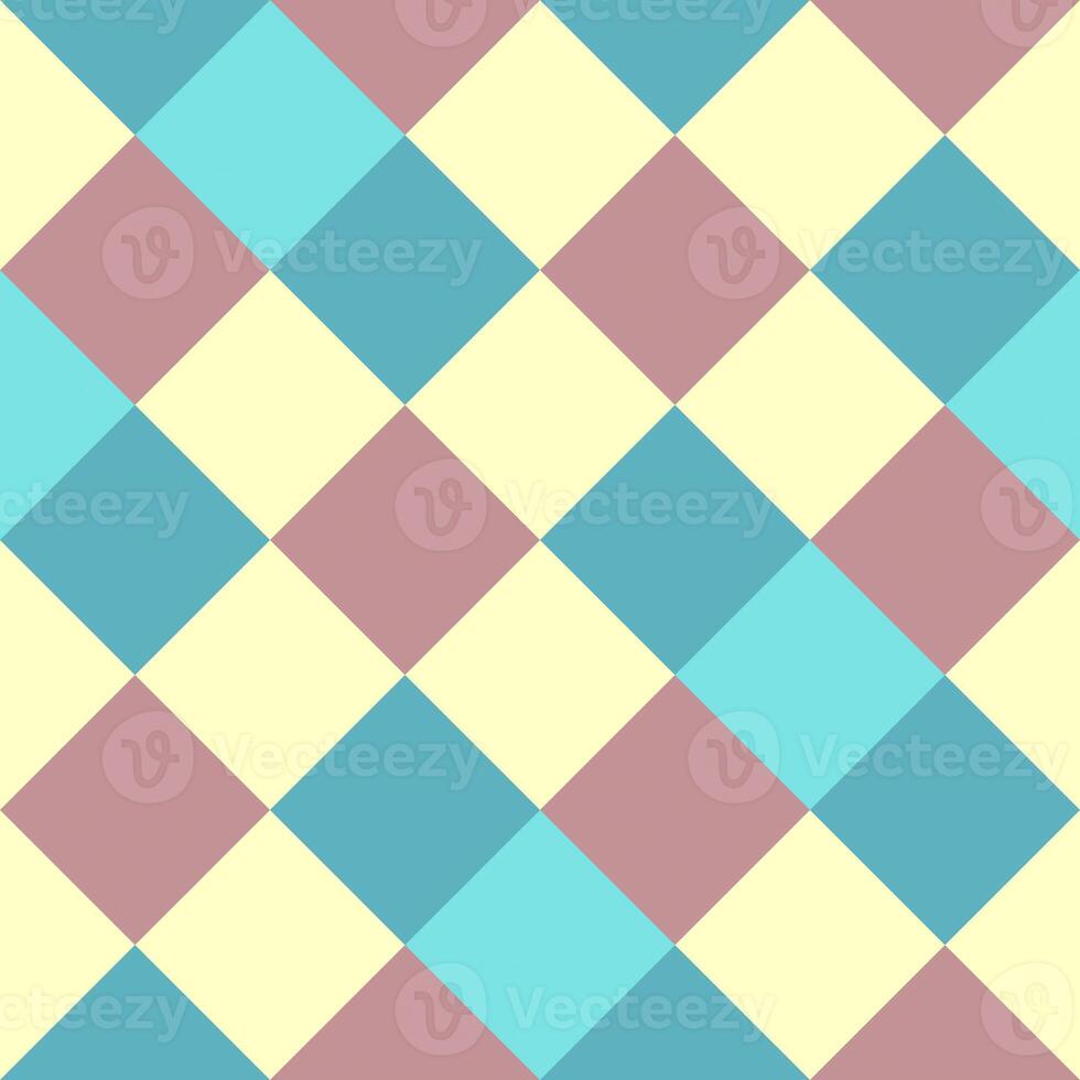 Blue Yellow Plum Teal Large Diagonal Seamless French Checkered Pattern. Big Inclined Colorful Fabric Check Pattern Background. 45 degrees Classic Checker Pattern Design Texture. photo