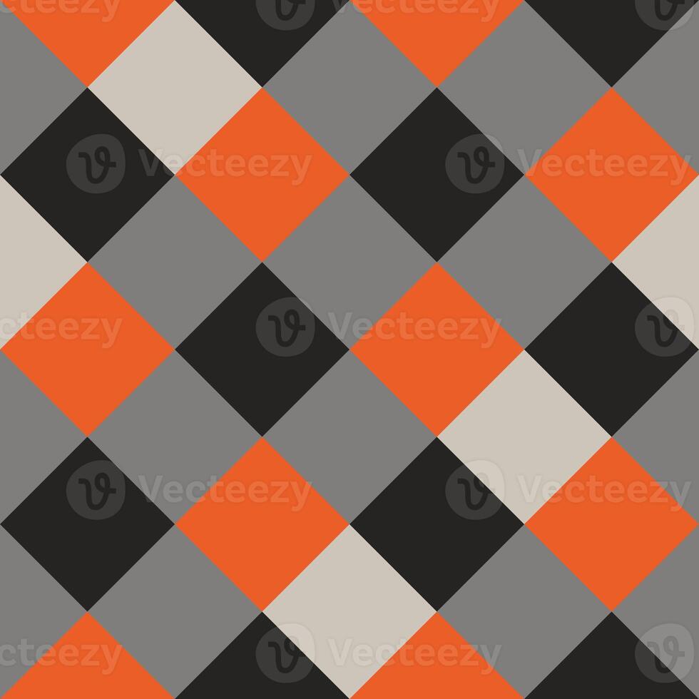 Black Gray Orange Large Diagonal Seamless French Checkered Pattern. Big Inclined Colorful Fabric Check Pattern Background. 45 degrees Classic Checker Pattern Design Texture. photo