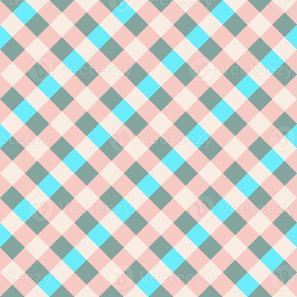 Pink Blue Gray Seamless Diagonal French Checkered Pattern. Inclined Colorful Fabric Check Pattern Background. 45 degrees Classic Checker Pattern Design Texture. photo