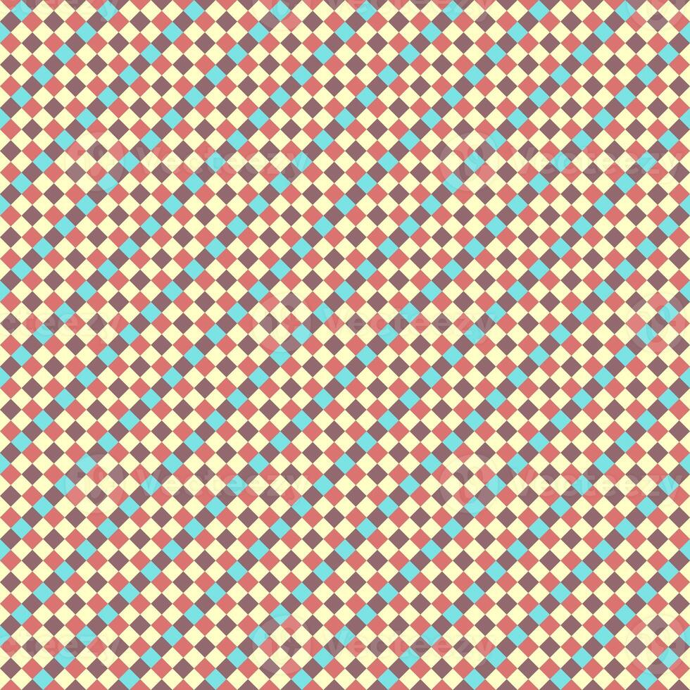 Blue Yellow Burgundy Scarlet Seamless Small Diagonal French Checkered Pattern. Little Inclined Colorful Fabric Check Pattern Background. 45 degrees Classic Checker Pattern Design Texture. photo