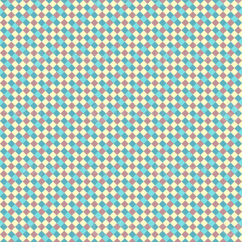 Blue Yellow Plum Teal Seamless Small Diagonal French Checkered Pattern. Little Inclined Colorful Fabric Check Pattern Background. 45 degrees Classic Checker Pattern Design Texture. photo