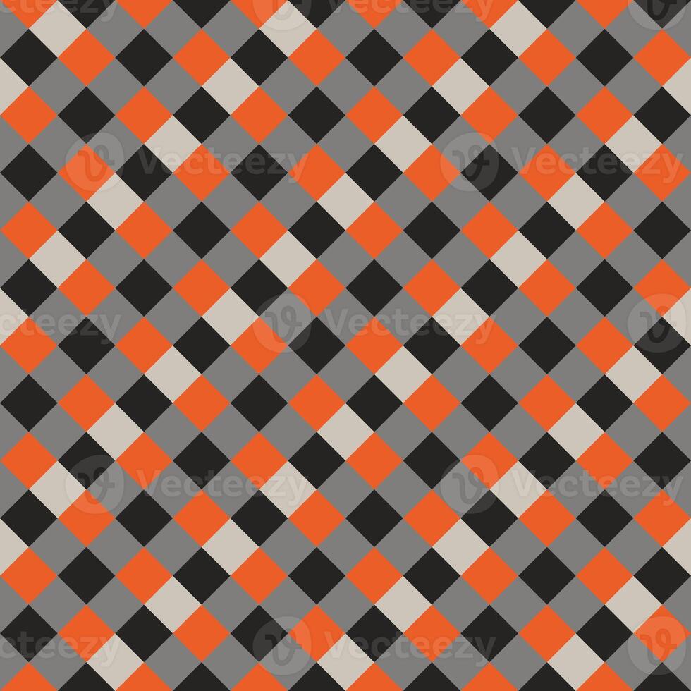 Black Gray Orange Seamless Diagonal French Checkered Pattern. Inclined Colorful Fabric Check Pattern Background. 45 degrees Classic Checker Pattern Design Texture. photo
