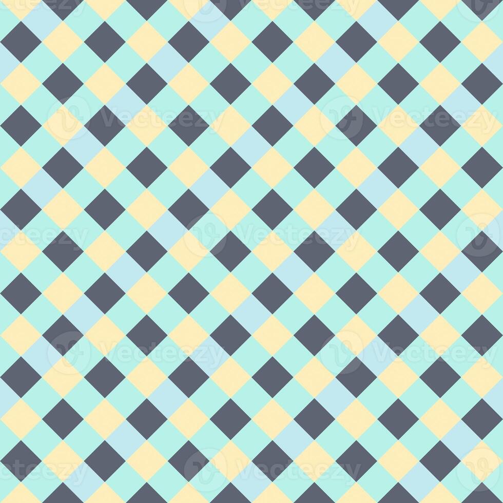 Yellow Gray Light Green Blue Seamless Diagonal French Checkered Pattern. Inclined Colorful Fabric Check Pattern Background. 45 degrees Classic Checker Pattern Design Texture. photo