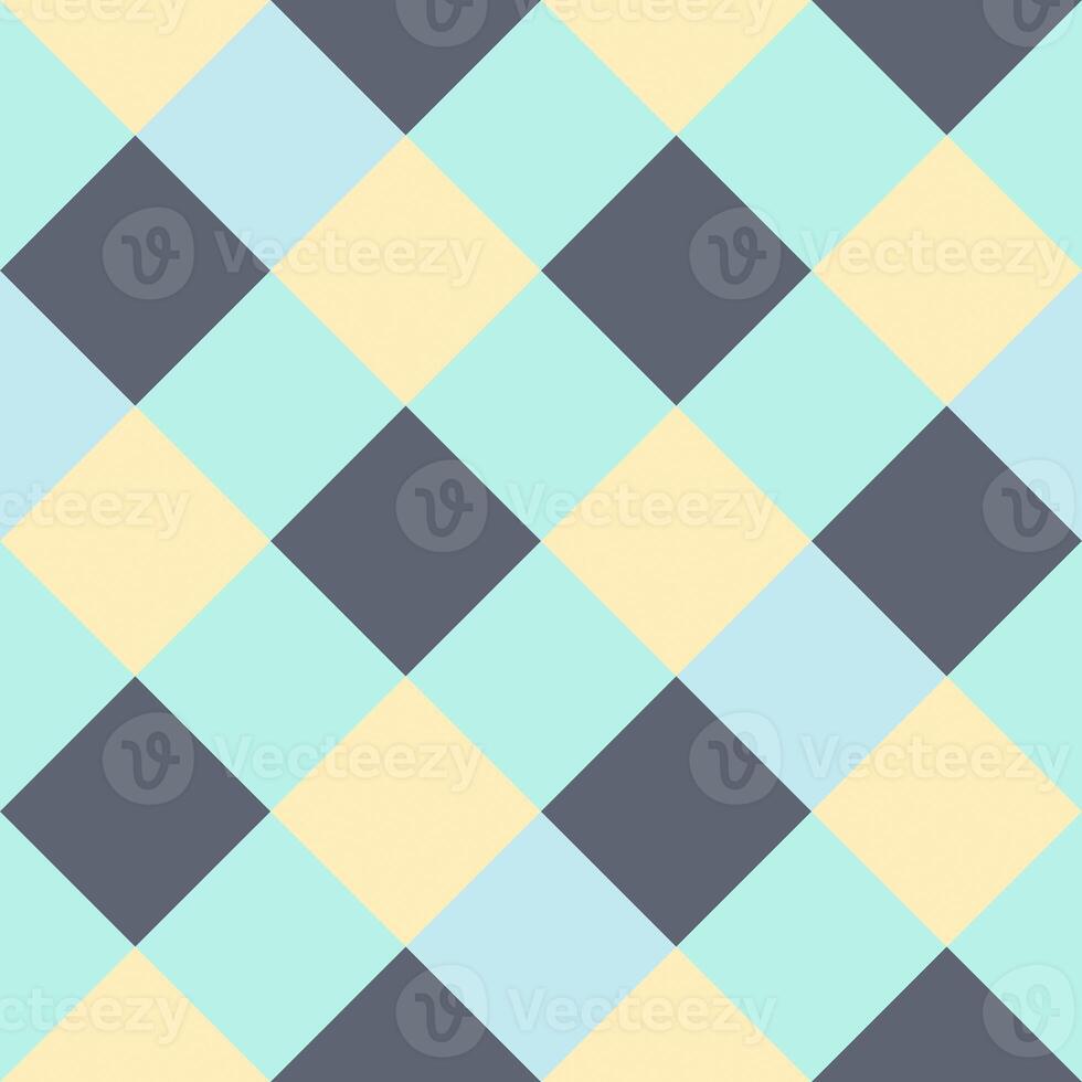 Yellow Gray Light Green Blue Large Diagonal Seamless French Checkered Pattern. Big Inclined Colorful Fabric Check Pattern Background. 45 degrees Classic Checker Pattern Design Texture. photo