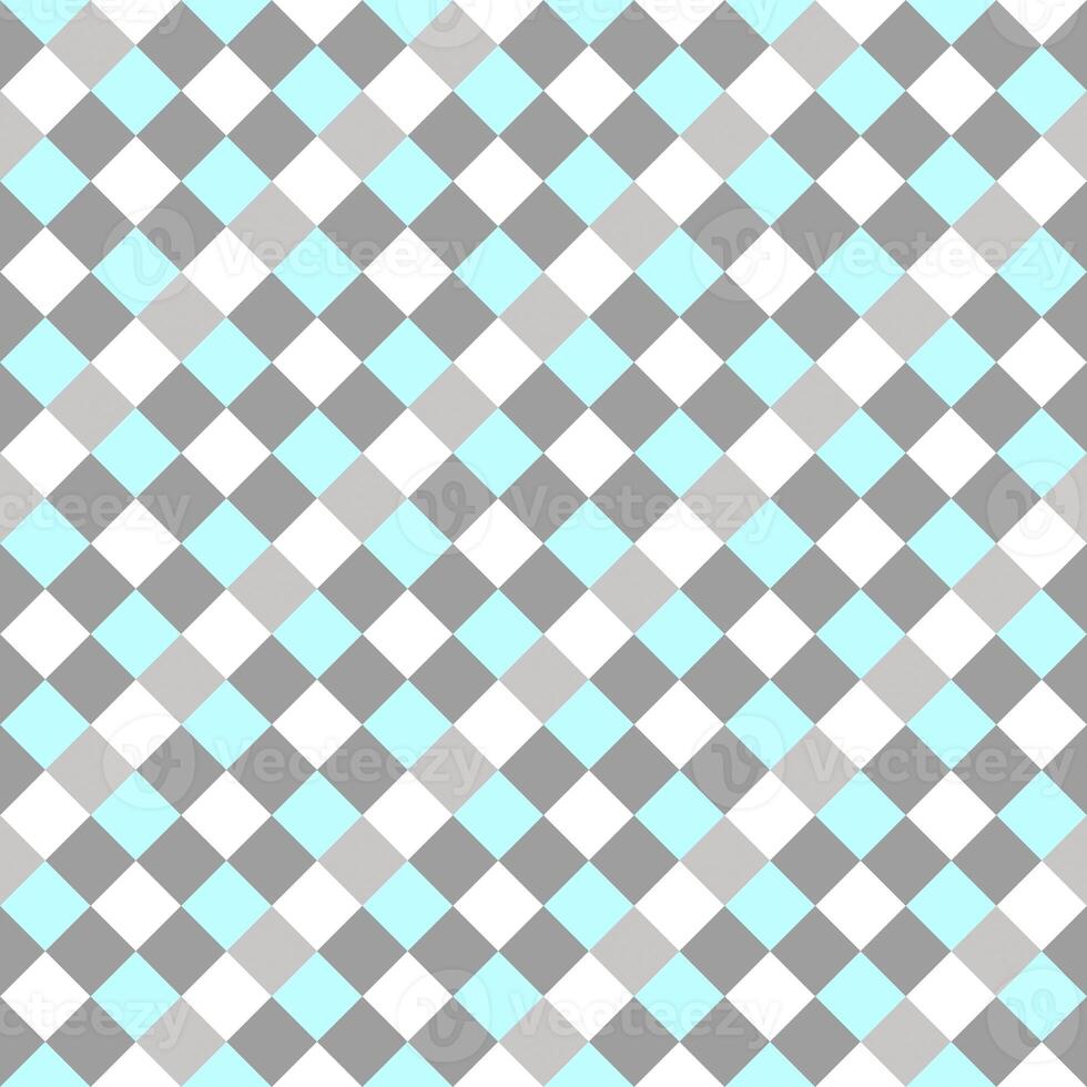 Gray Sky Blue White Seamless Diagonal French Checkered Pattern. Inclined Colorful Fabric Check Pattern Background. 45 degrees Classic Checker Pattern Design Texture. photo