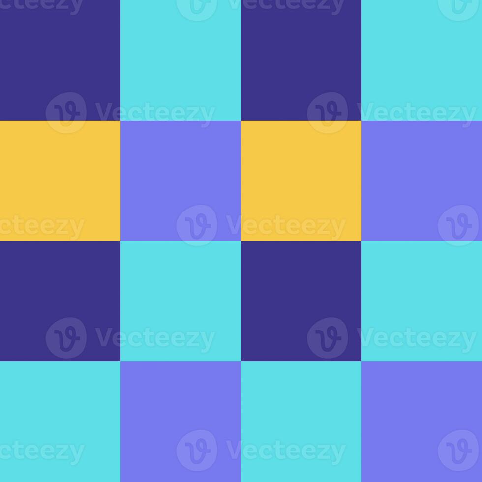 Purple Yellow Blue Lilac Large Seamless French Checkered Pattern. Big Colorful Fabric Check Pattern Background. Classic Checker Pattern Design Texture. photo