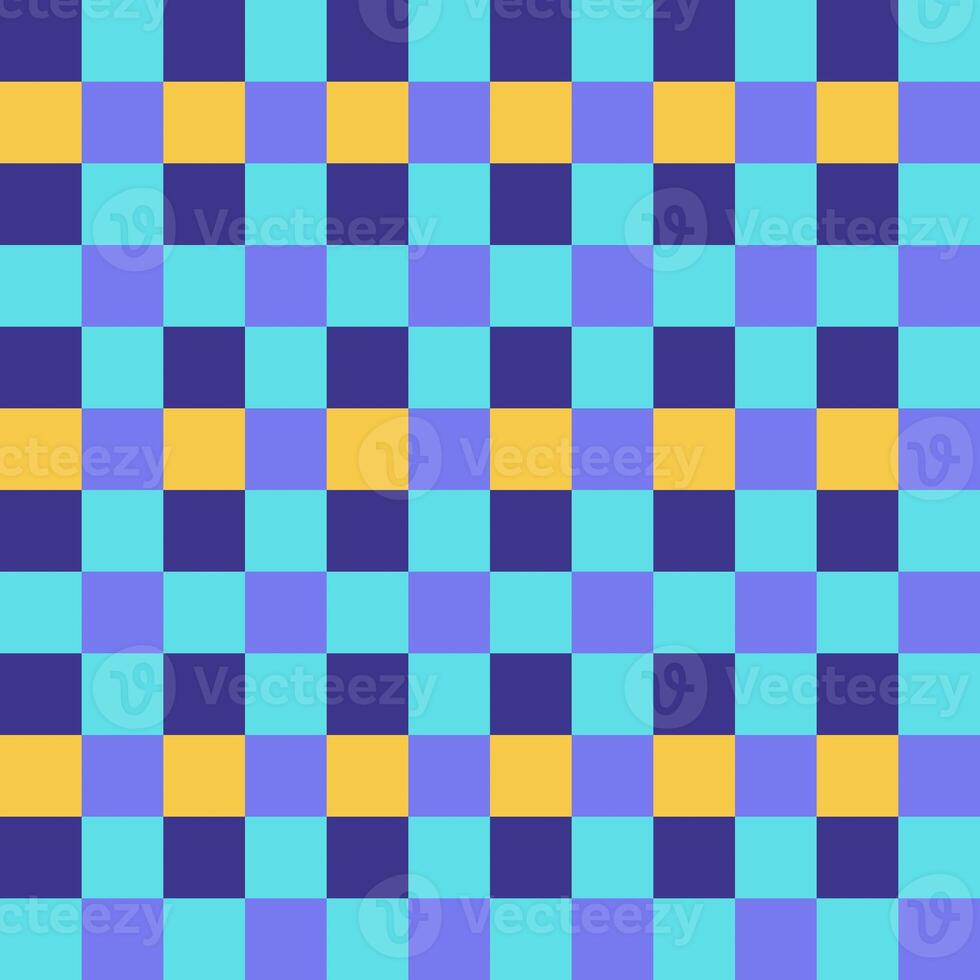 Purple Yellow Blue Lilac Seamless French Checkered Pattern. Colorful Fabric Check Pattern Background. Classic Checker Pattern Design Texture. photo
