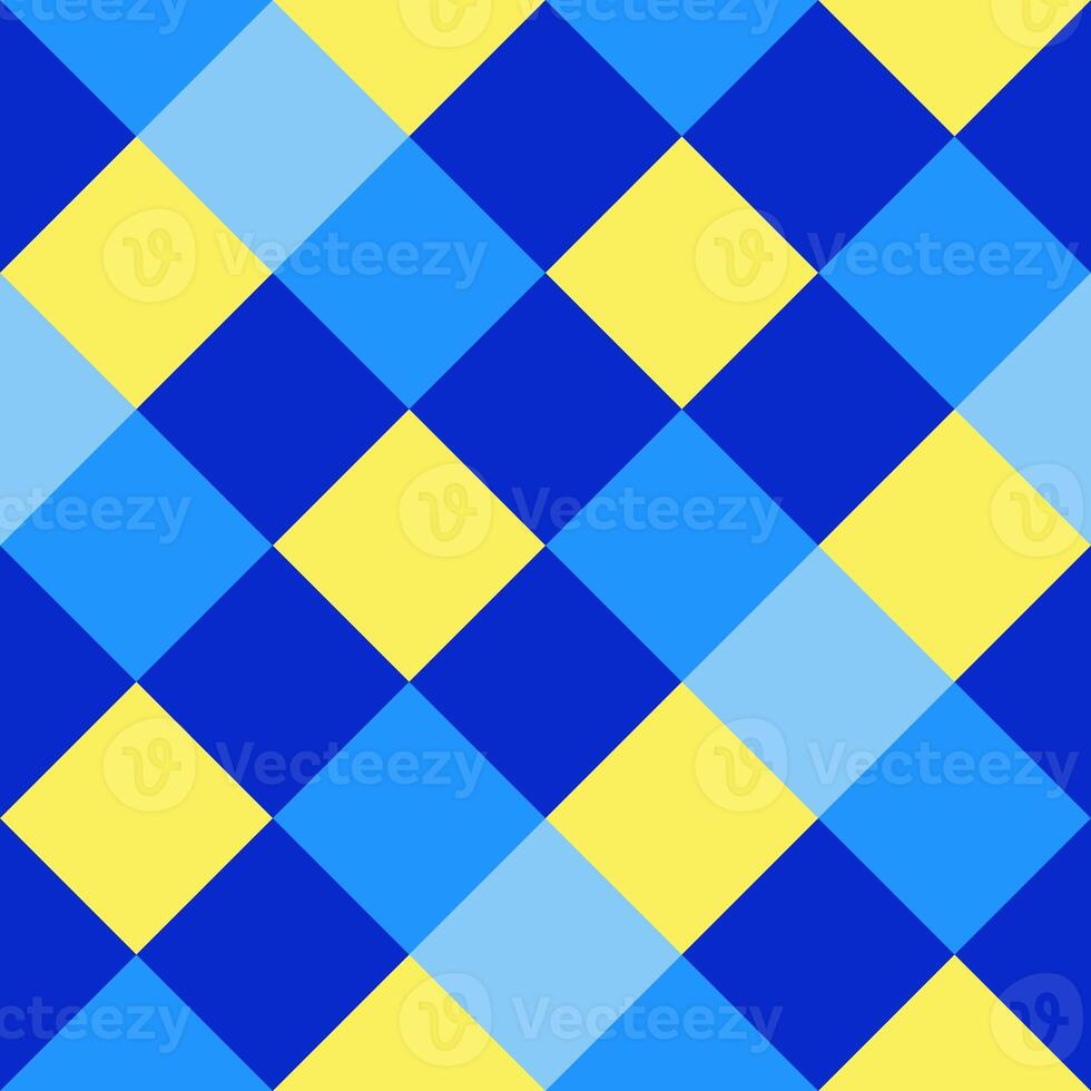 Blue Yellow Large Diagonal Seamless French Checkered Pattern. Big Inclined Colorful Fabric Check Pattern Background. 45 degrees Classic Checker Pattern Design Texture. photo