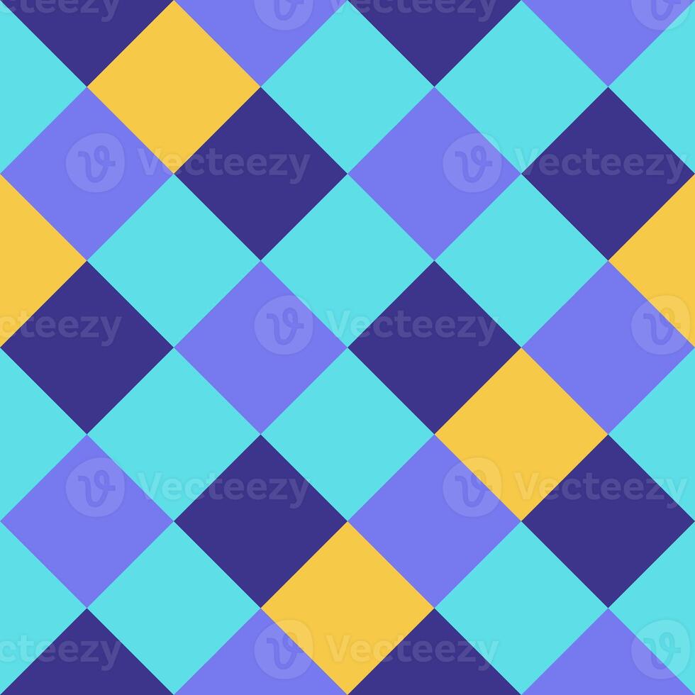 Purple Yellow Blue Lilac Large Diagonal Seamless French Checkered Pattern. Big Inclined Colorful Fabric Check Pattern Background. 45 degrees Classic Checker Pattern Design Texture. photo