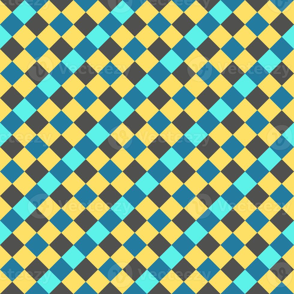 Yellow Gray Sky Blue Seamless Diagonal French Checkered Pattern. Inclined Colorful Fabric Check Pattern Background. 45 degrees Classic Checker Pattern Design Texture. photo