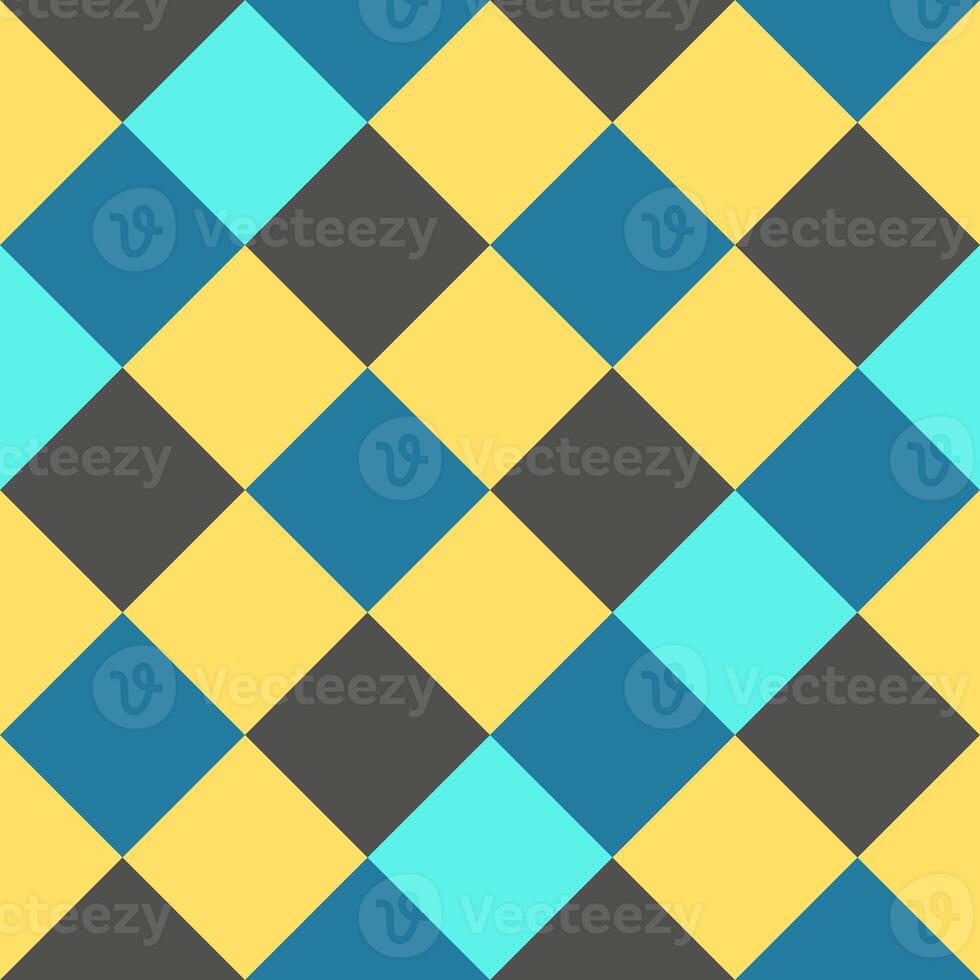 Yellow Gray Sky Blue Large Diagonal Seamless French Checkered Pattern. Big Inclined Colorful Fabric Check Pattern Background. 45 degrees Classic Checker Pattern Design Texture. photo