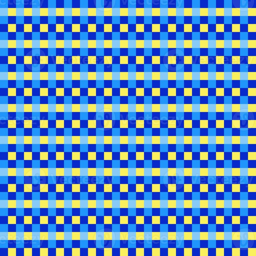 Blue Yellow Seamless Small French Checkered Pattern. Little Colorful Fabric Check Pattern Background. Classic Checker Pattern Design Texture. photo