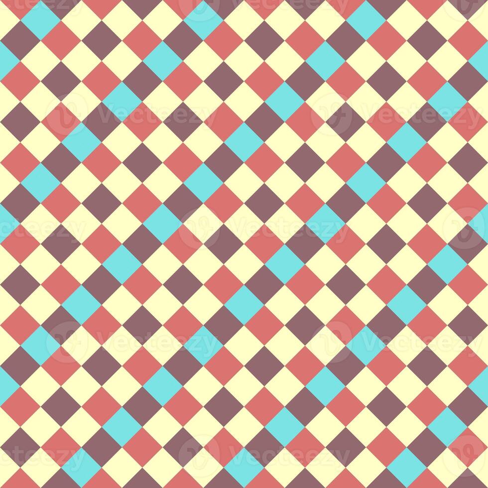 Blue Yellow Burgundy Scarlet Seamless Diagonal French Checkered Pattern. Inclined Colorful Fabric Check Pattern Background. 45 degrees Classic Checker Pattern Design Texture. photo