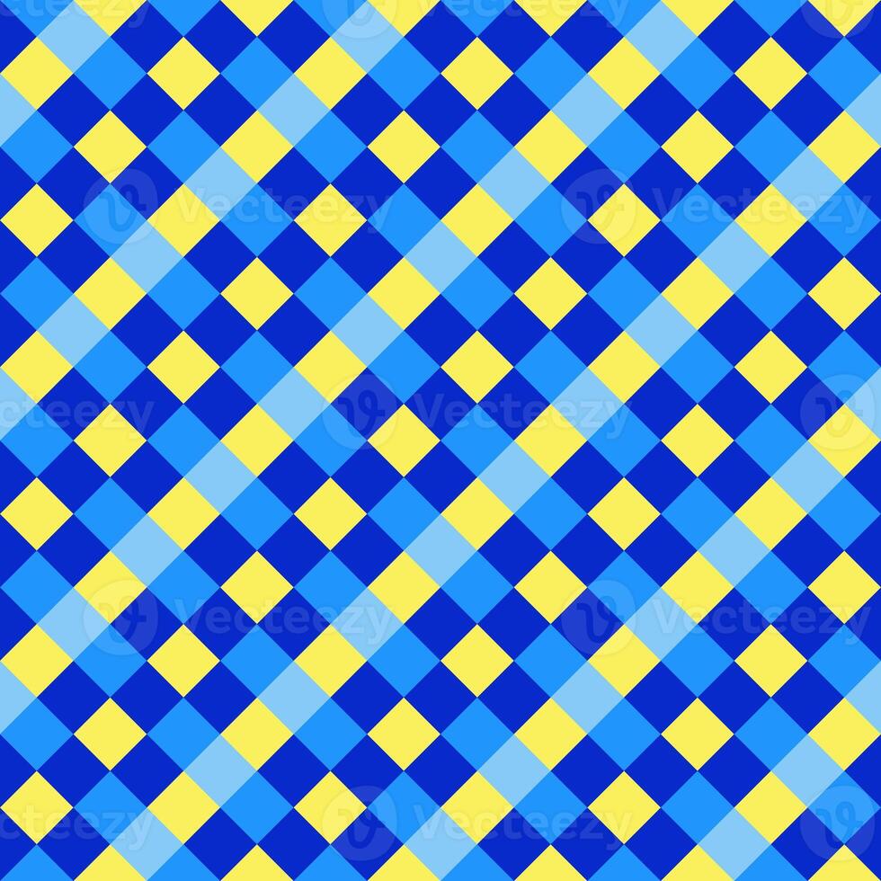 Blue Yellow Seamless Diagonal French Checkered Pattern. Inclined Colorful Fabric Check Pattern Background. 45 degrees Classic Checker Pattern Design Texture. photo