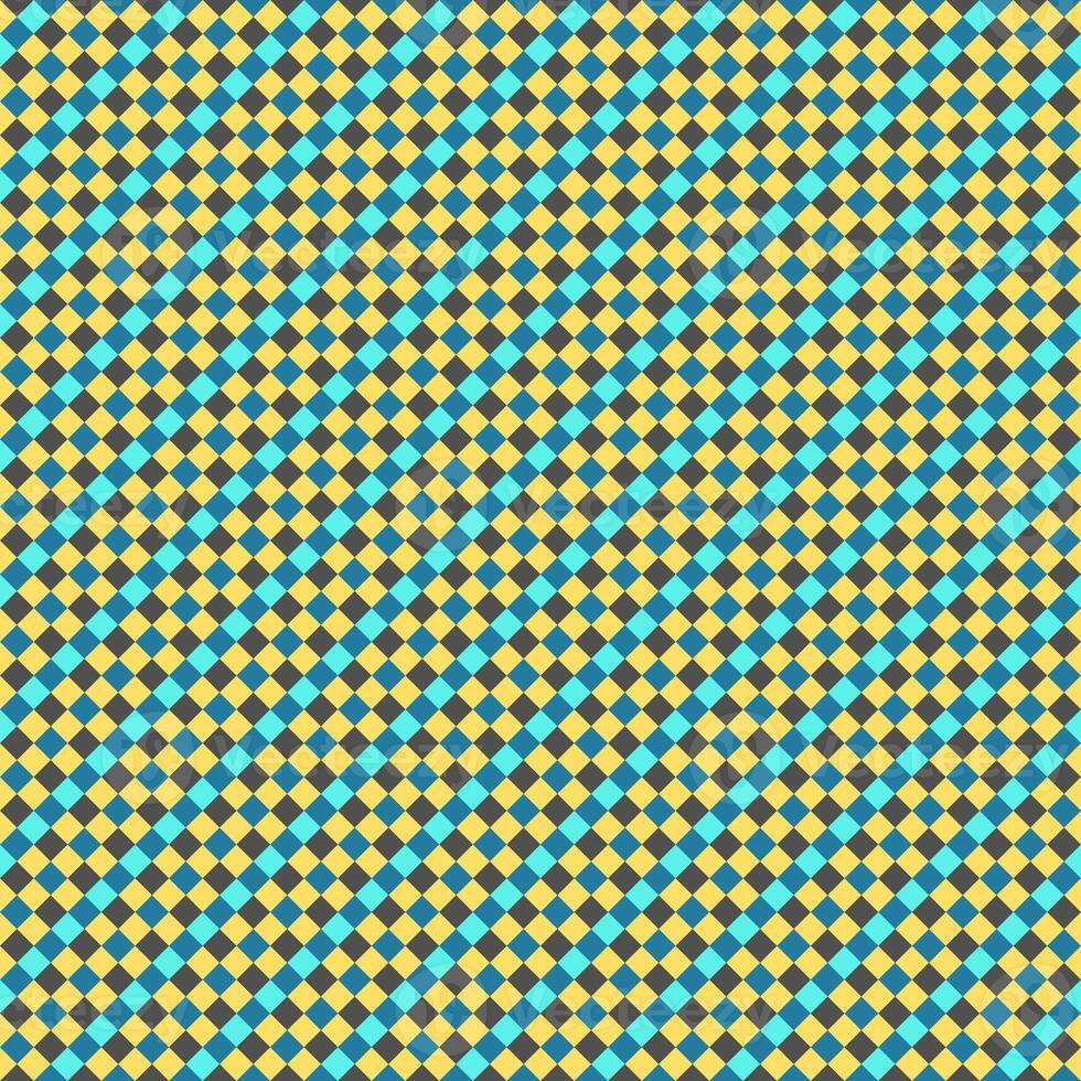 Yellow Gray Sky Blue Seamless Small Diagonal French Checkered Pattern. Little Inclined Colorful Fabric Check Pattern Background. 45 degrees Classic Checker Pattern Design Texture. photo