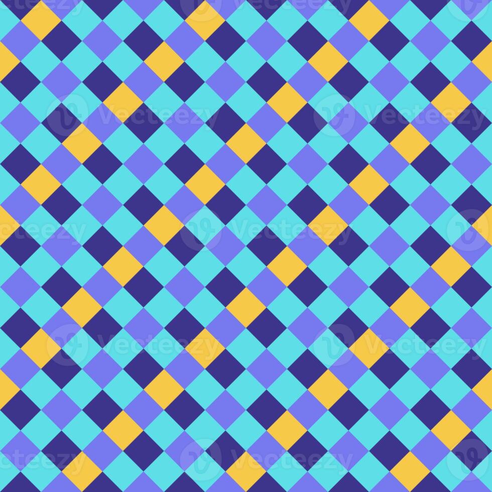 Purple Yellow Blue Lilac Seamless Diagonal French Checkered Pattern. Inclined Colorful Fabric Check Pattern Background. 45 degrees Classic Checker Pattern Design Texture. photo