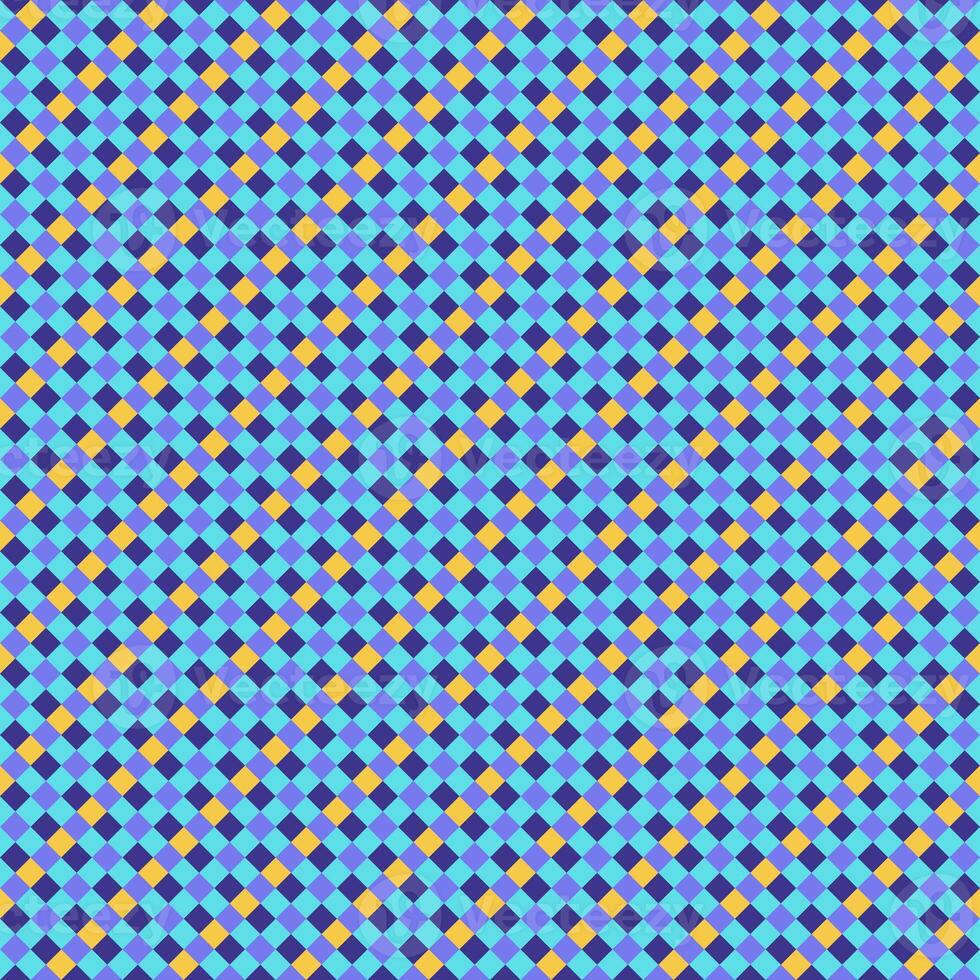Purple Yellow Blue Lilac Seamless Small Diagonal French Checkered Pattern. Little Inclined Colorful Fabric Check Pattern Background. 45 degrees Classic Checker Pattern Design Texture. photo