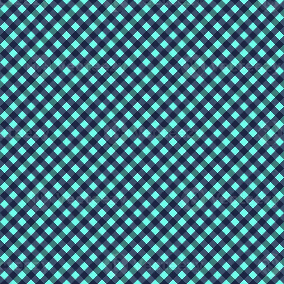 Turquoise Navy Blue Seamless Small Diagonal French Checkered Pattern. Little Inclined Colorful Fabric Check Pattern Background. 45 degrees Classic Checker Pattern Design Texture. photo