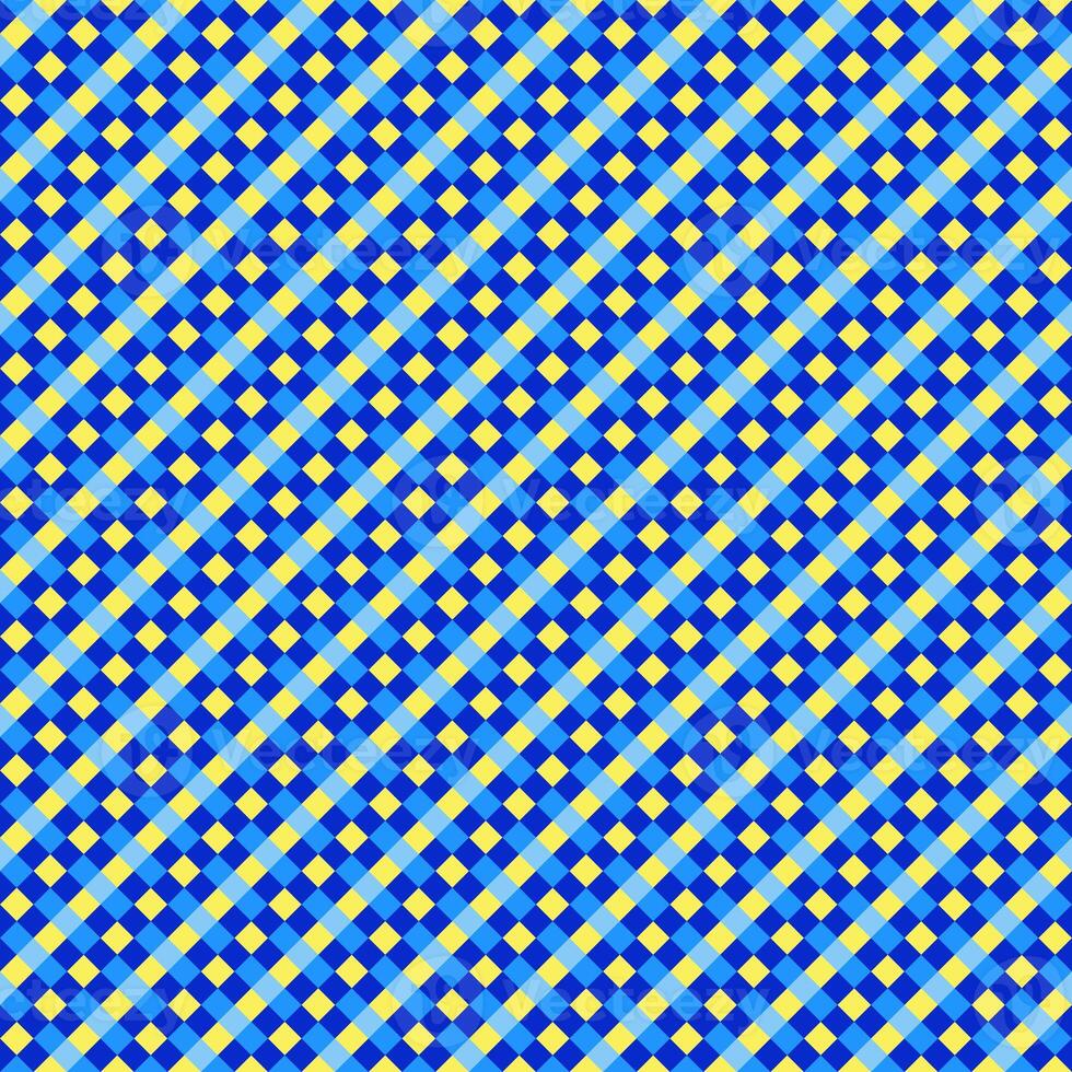 Blue Yellow Seamless Small Diagonal French Checkered Pattern. Little Inclined Colorful Fabric Check Pattern Background. 45 degrees Classic Checker Pattern Design Texture. photo