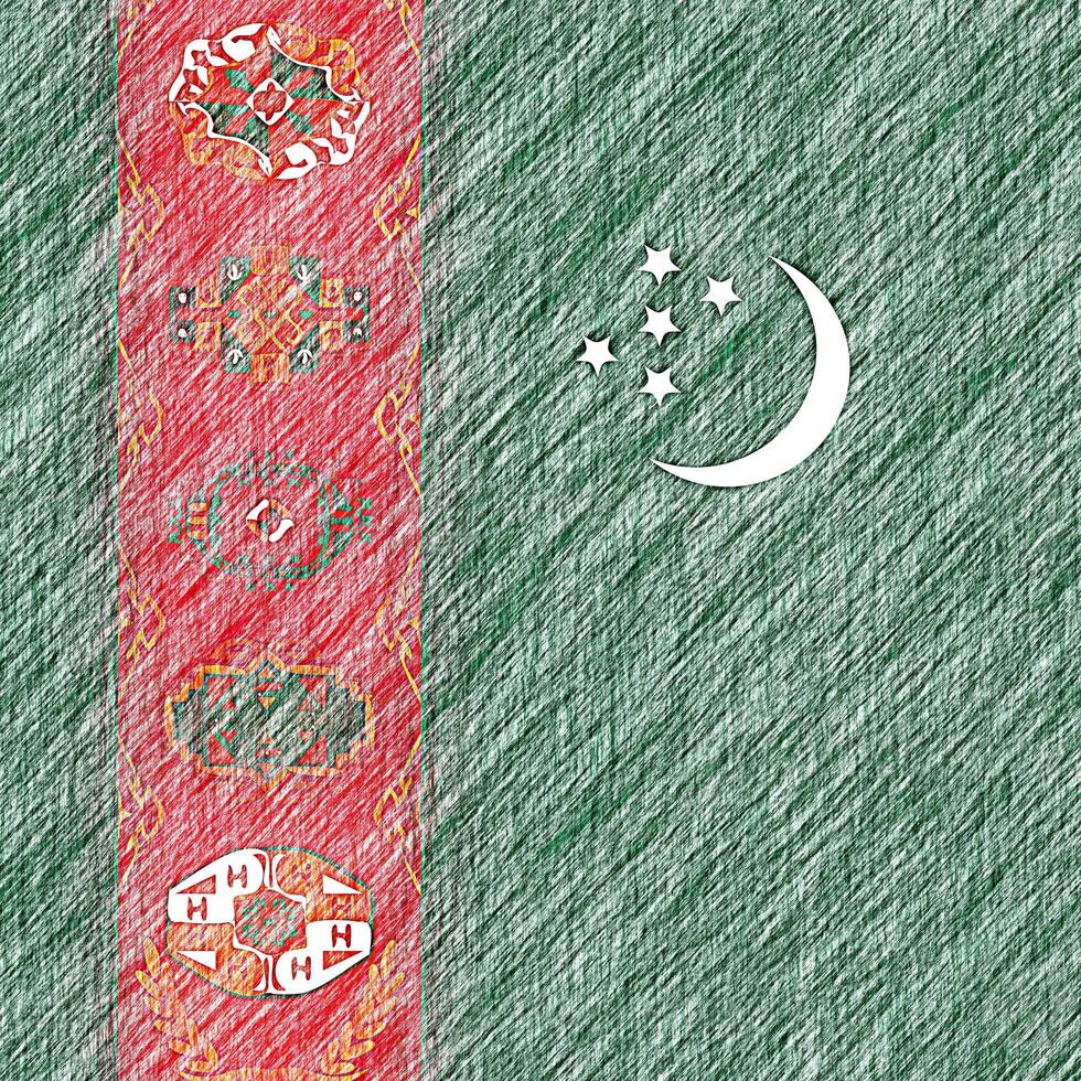 Turkmenistan flag pencil painting picture. Turkmenistani emblem shaded drawing canvas. photo