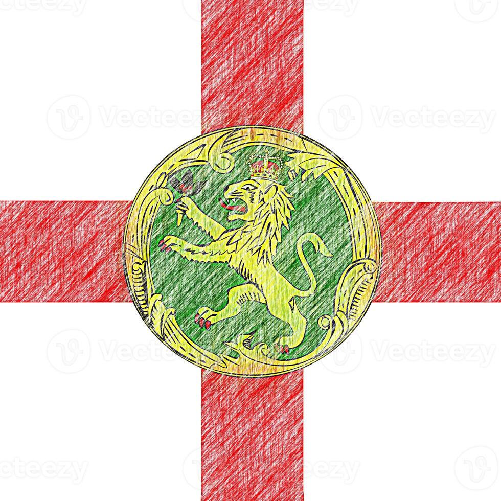 Alderney flag pencil painting picture. Aldernian emblem shaded drawing canvas. photo