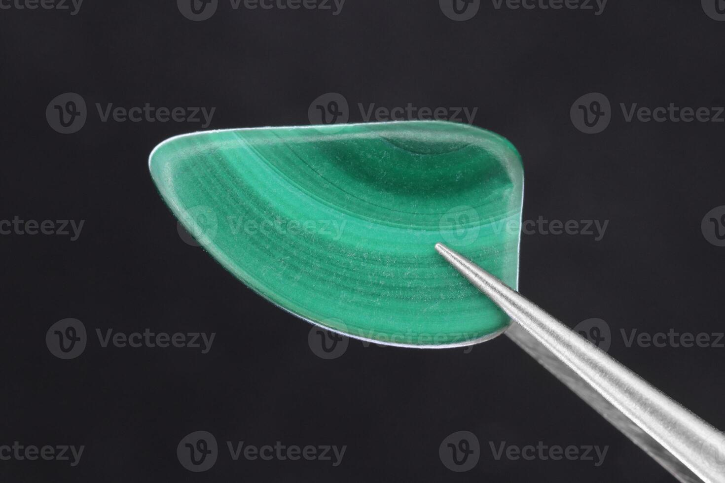 Malachite jewel stone texture in tweezers on black background. Macro closeup. photo