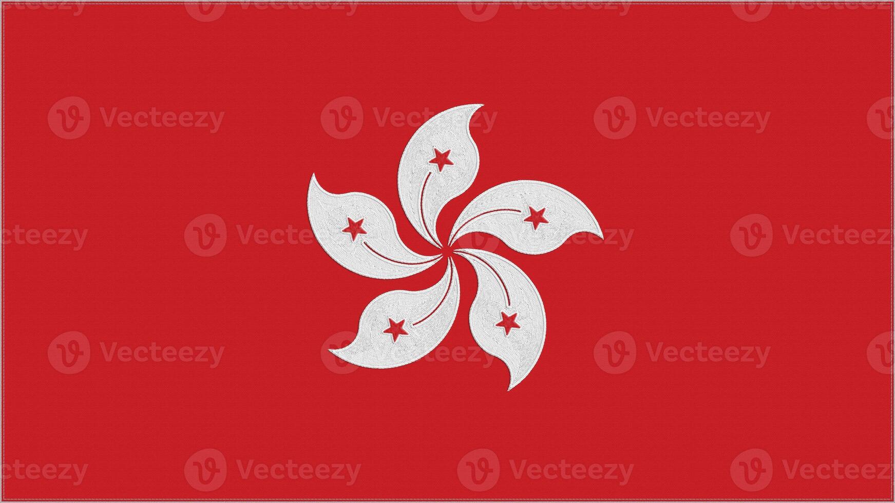 Hong Kong embroidery flag. Emblem stitched fabric. Embroidered coat of arms. Country symbol textile background. photo