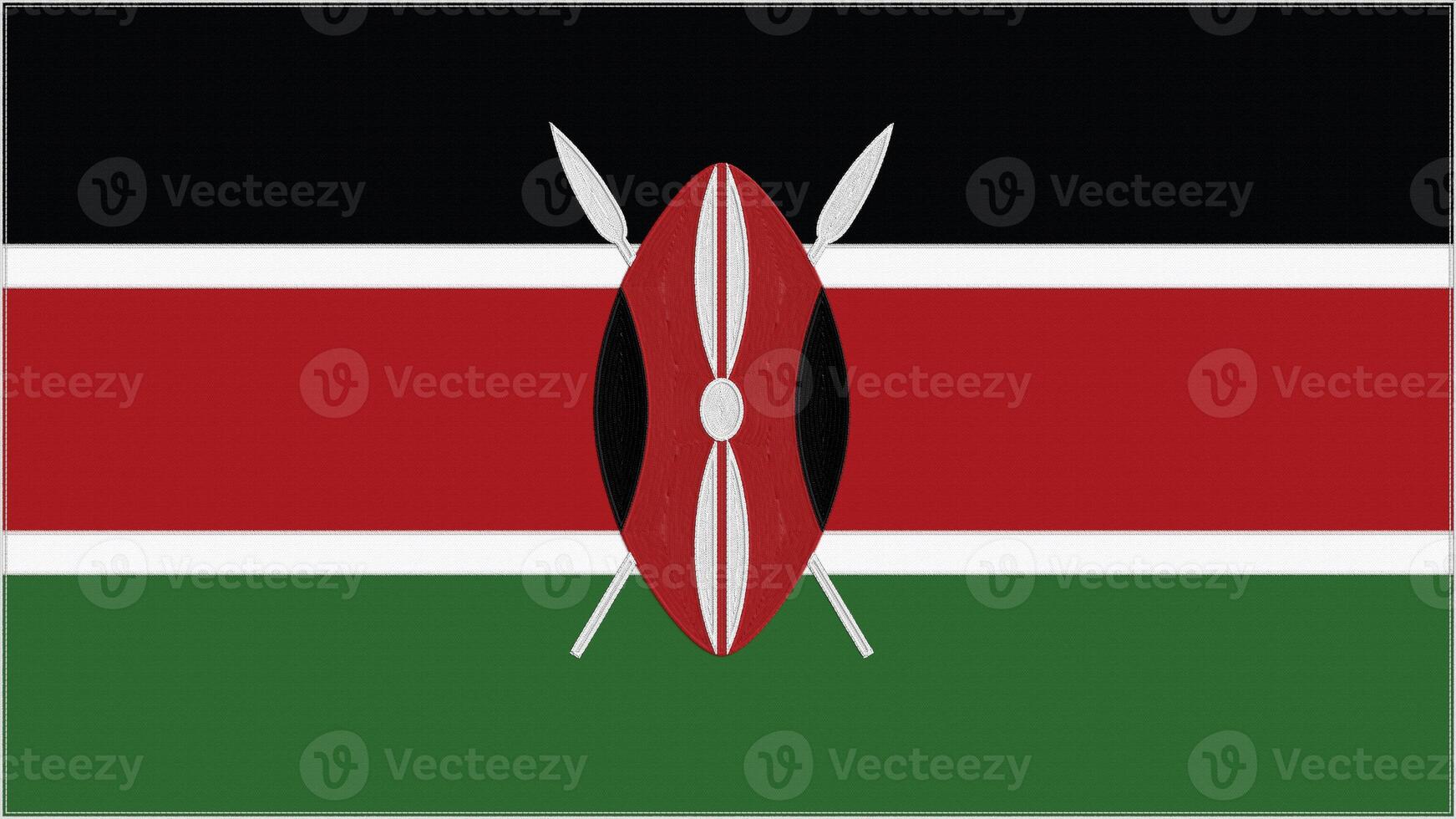 Kenya embroidery flag. Kenyan emblem stitched fabric. Embroidered coat of arms. Country symbol textile background. photo