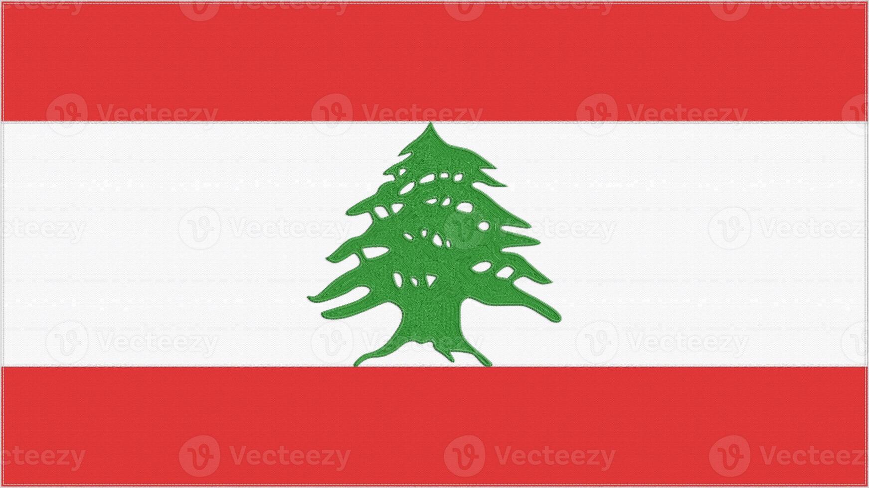 Lebanon embroidery flag. Lebanese emblem stitched fabric. Embroidered coat of arms. Country symbol textile background. photo
