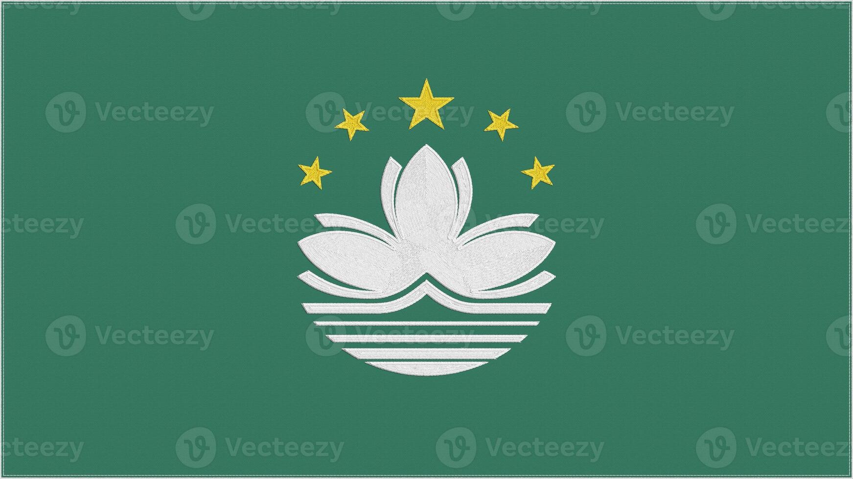 Macau embroidery flag. Emblem stitched fabric. Embroidered coat of arms. Country symbol textile background. photo